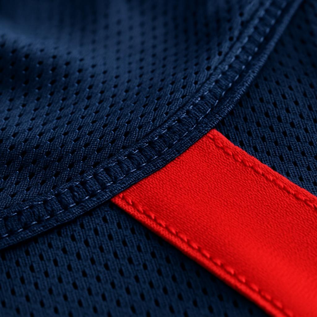 Close-up of navy mesh singlet fabric with a red color-block panel and stitched seam