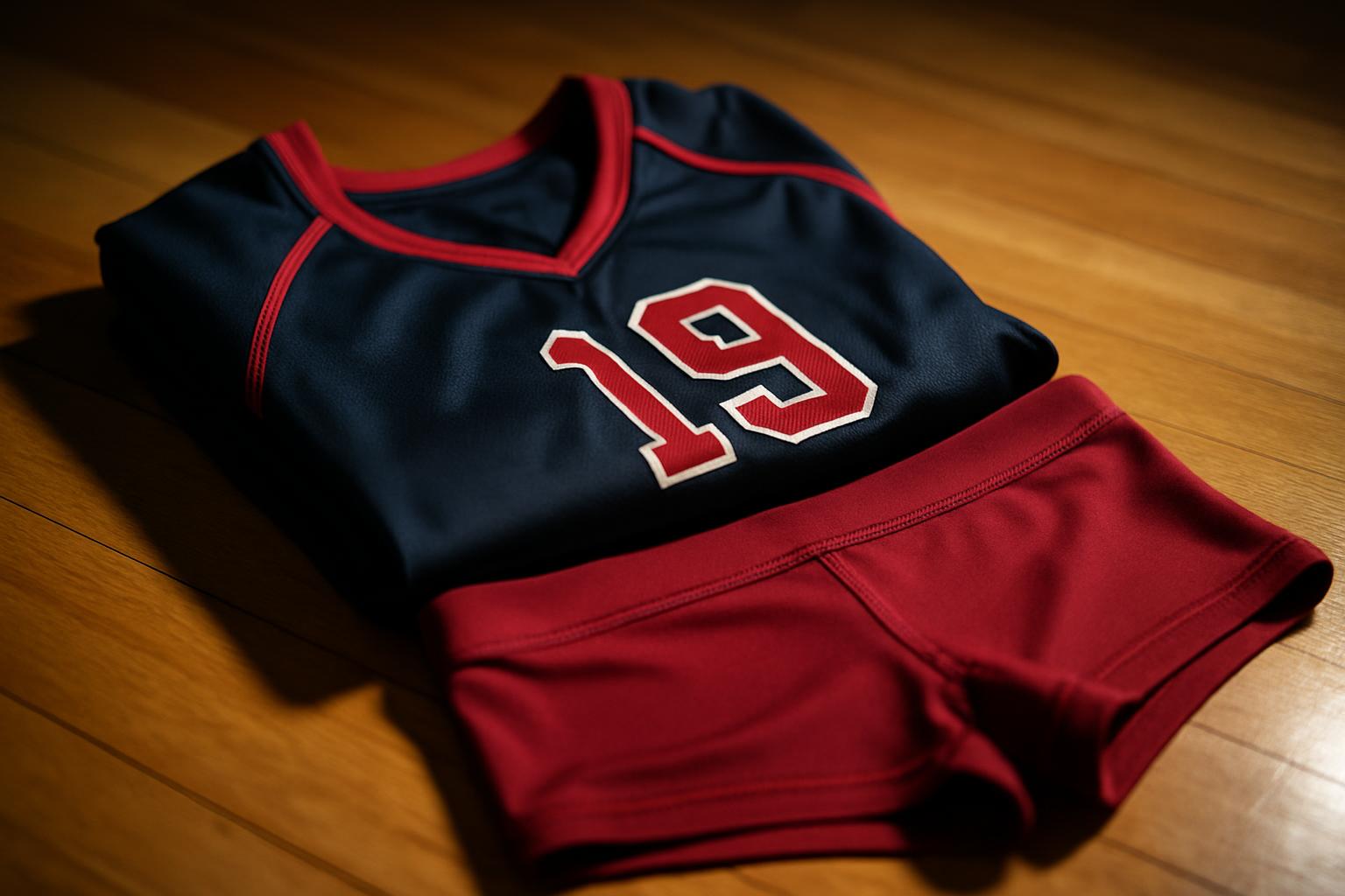 Navy and red high school volleyball jersey and spandex shorts laid flat on a gym floor