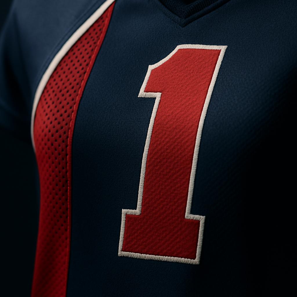 Macro detail of a contrasting-color libero volleyball jersey fabric and stitched piping
