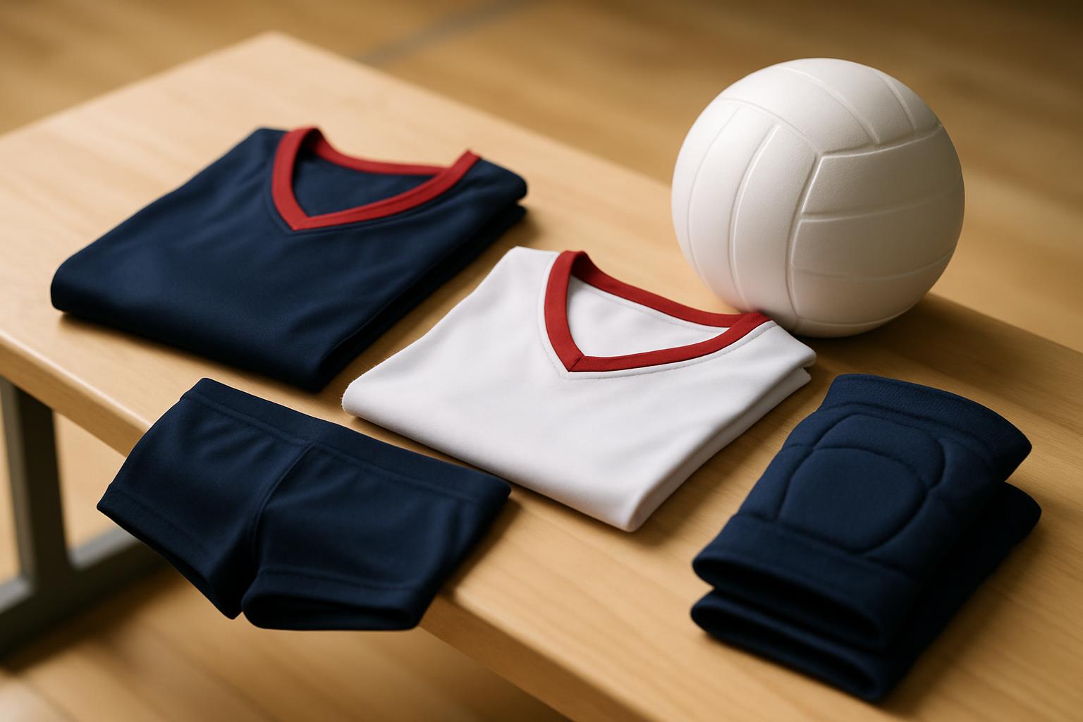 Folded navy volleyball jersey with red trim beside a white libero jersey, navy spandex shorts, knee pads and a volleyball on a wooden bench
