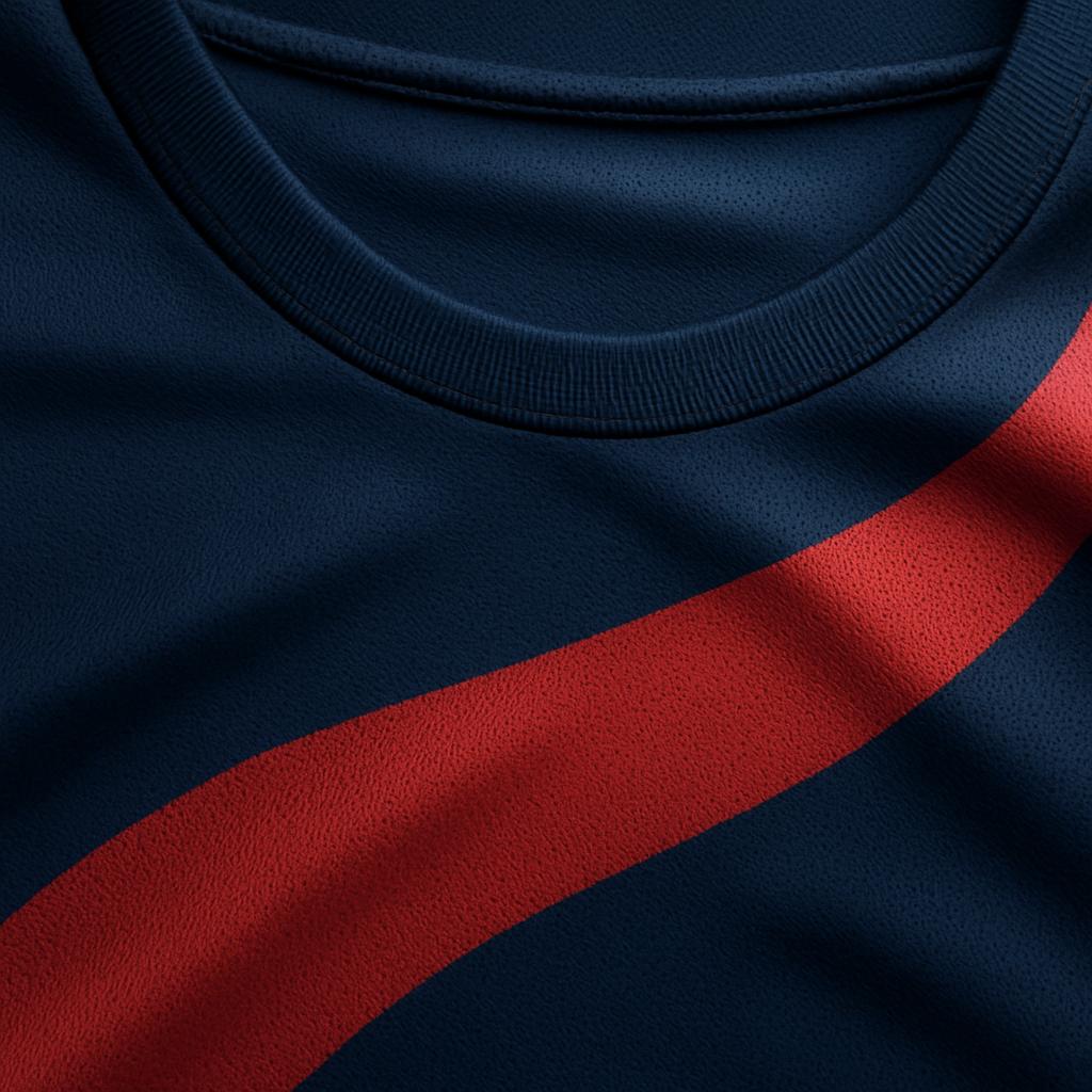 Close-up of navy volleyball jersey fabric with a red color-block stripe and stitched collar