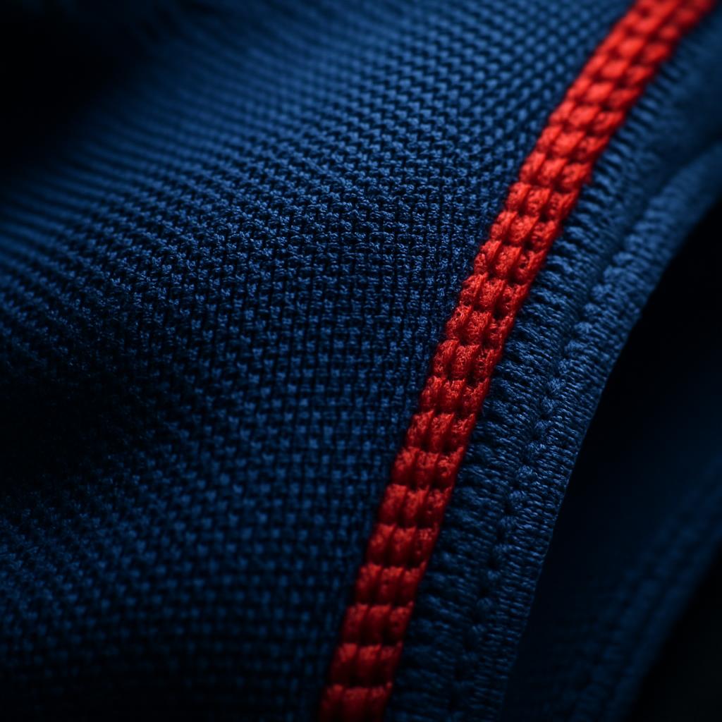 Macro detail of navy chlorine-resistant water polo suit fabric with red contrast stitching
