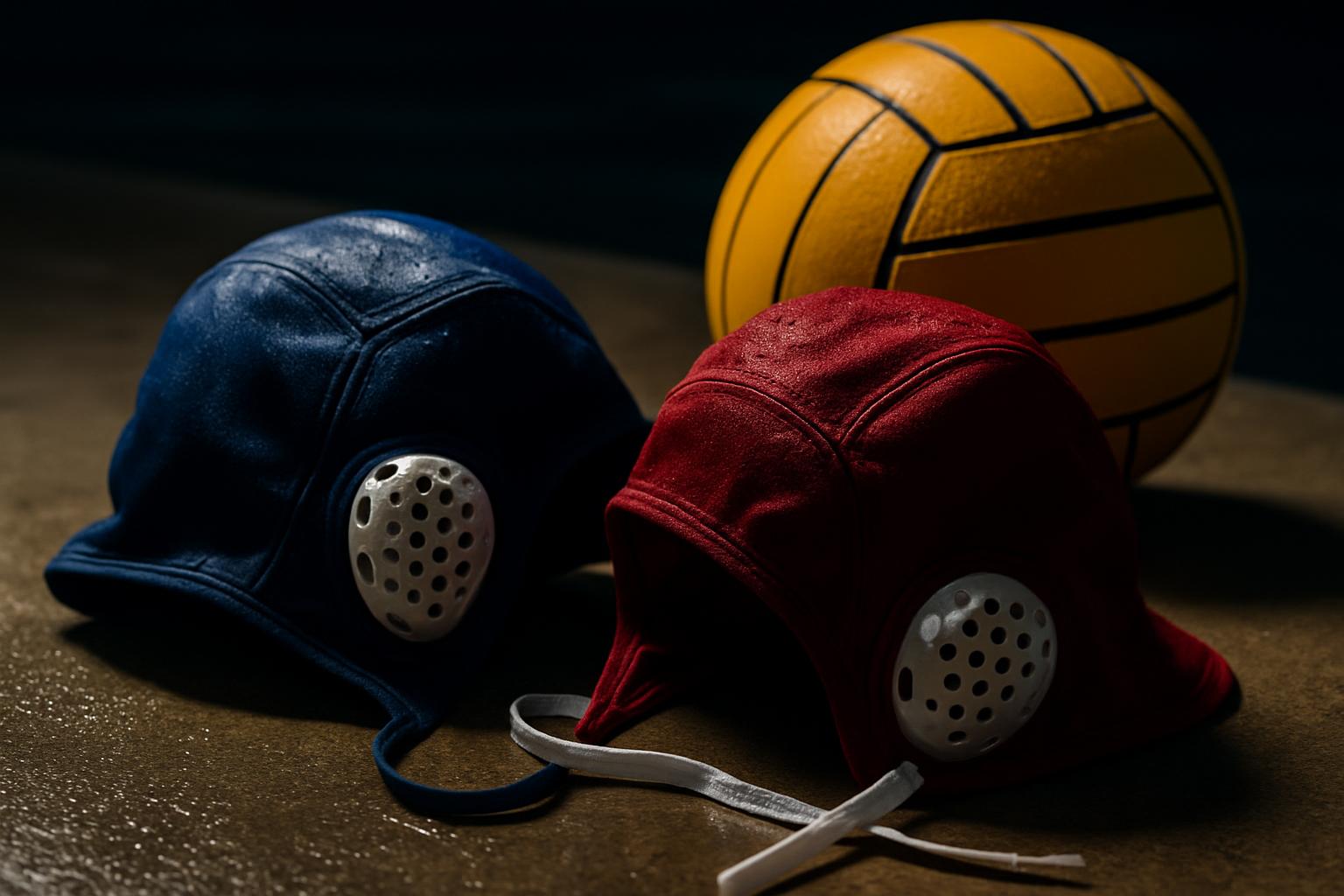Navy and red water polo team caps and a water polo ball on a wet pool deck