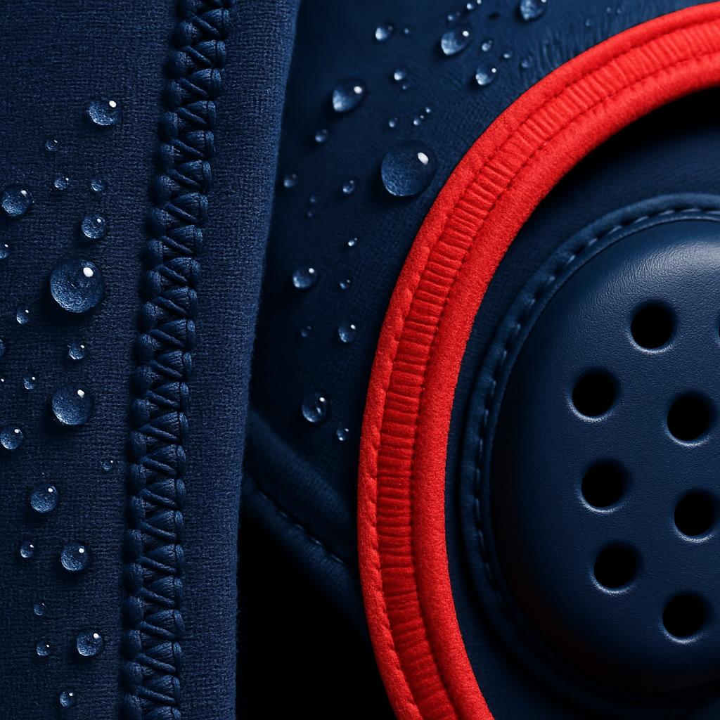 Close-up of reinforced stitched seam on navy competition swim fabric beside a navy water polo cap with ear guard