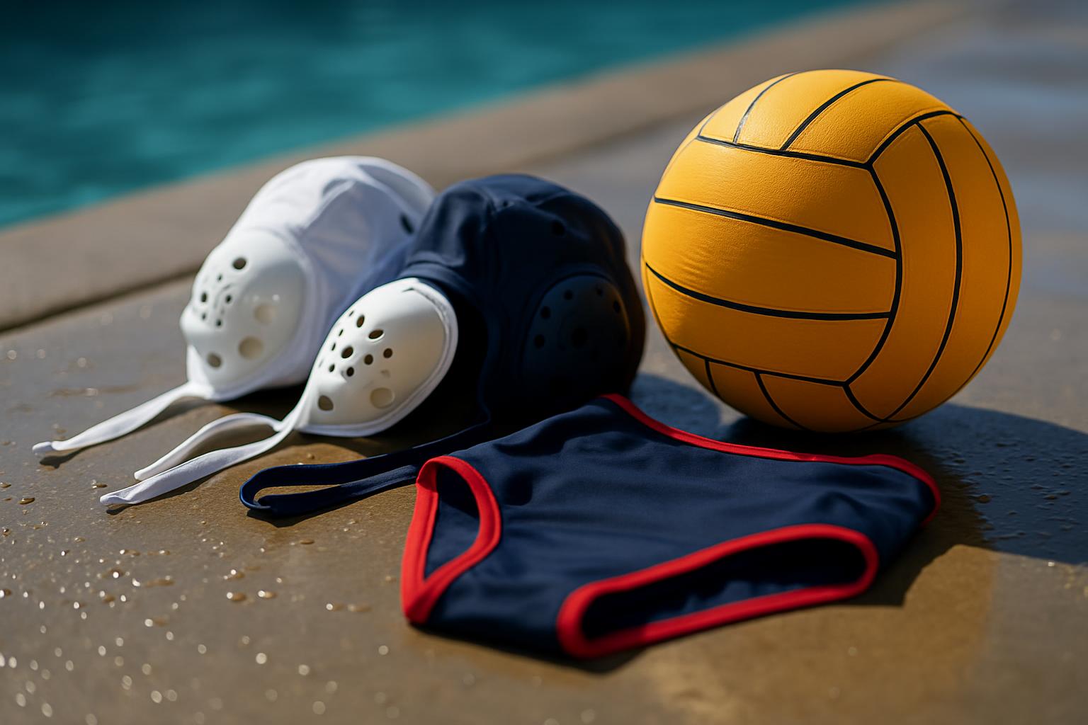 Folded navy water polo suit with red trim beside white and navy caps with ear guards and a yellow water polo ball on a wet pool deck