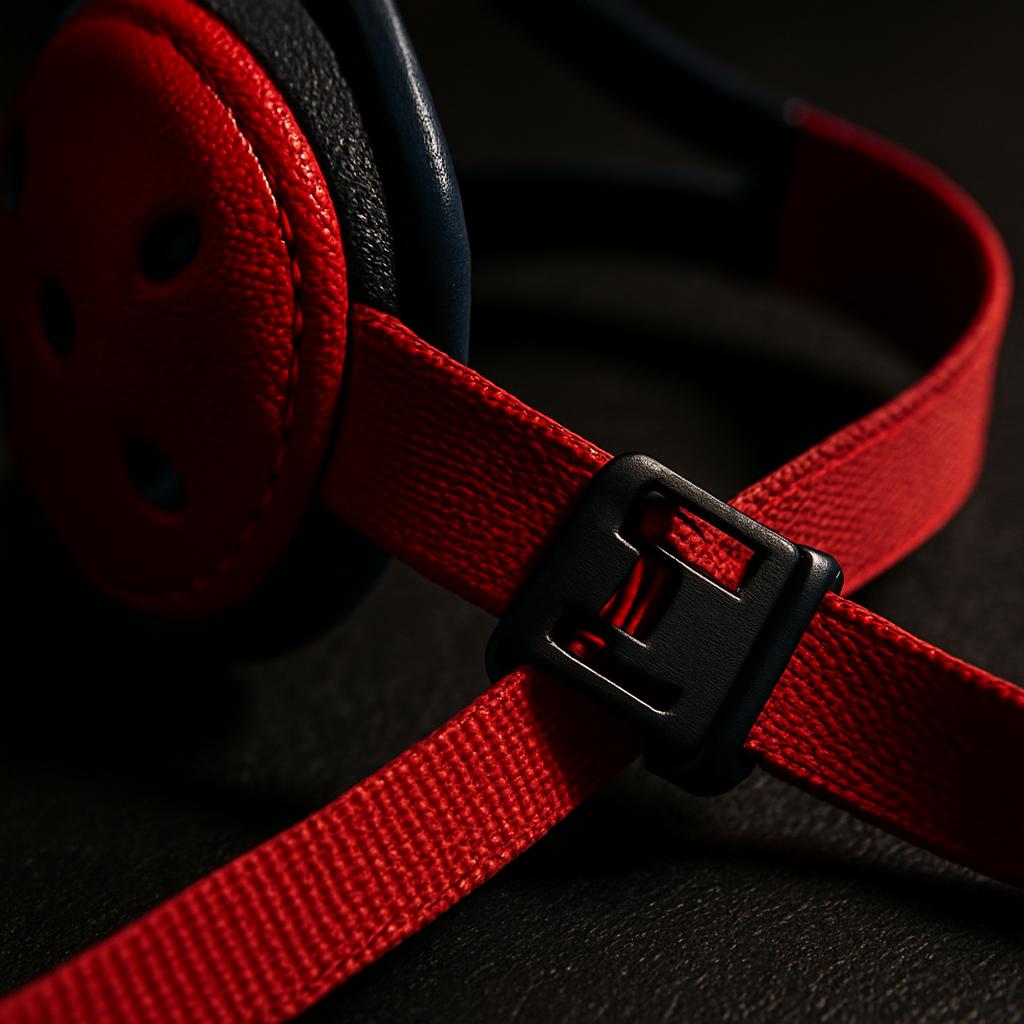 Macro detail of a red and navy wrestling ear guard strap and locking buckle