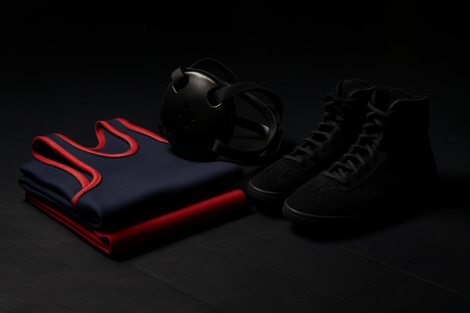 Folded navy and red wrestling singlet with a padded ear guard and wrestling shoes on a dark mat